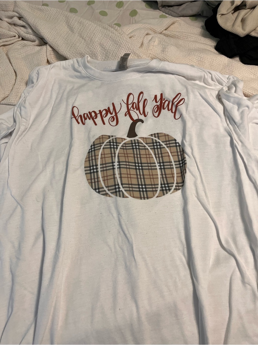 Happy Fall Y'all White Short Sleeve Tee with Plaid Pumpkin